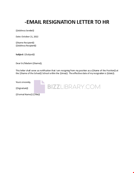 hr resignation letter via email template