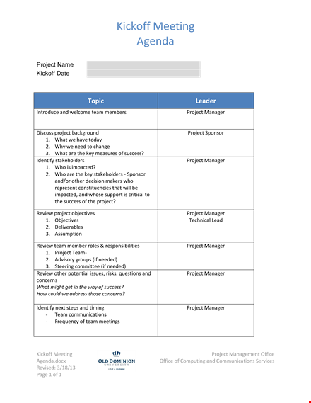 kick off meeting agenda - a key to project success template