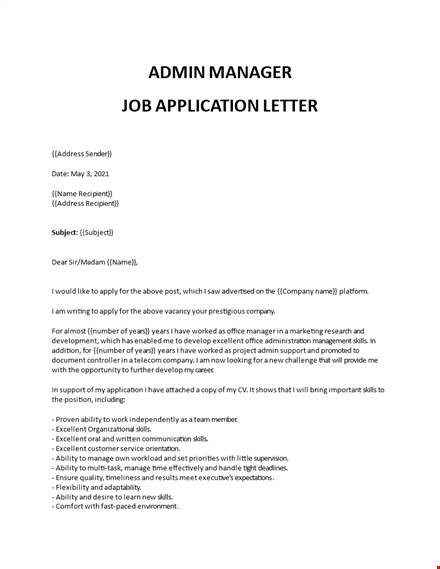 administrative manager cover letter template
