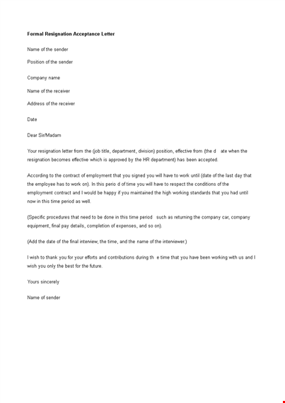 formal resignation acceptance letter template