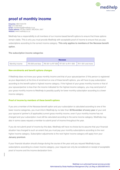 declaration of proof of income for monthly medihelp template