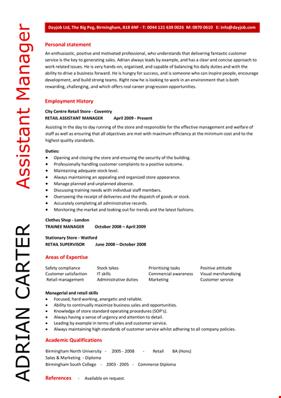 retail assistant manager resume template