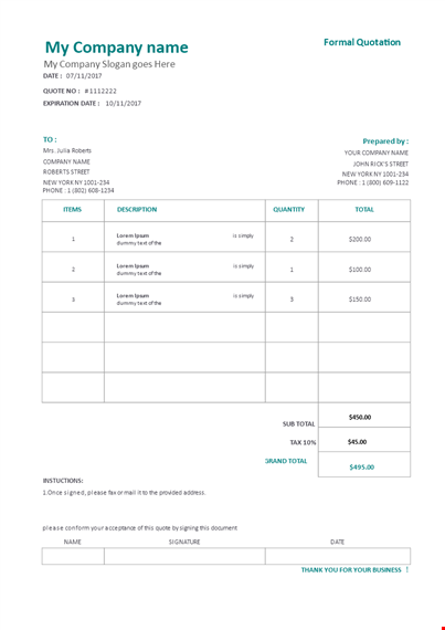 price quotation a template