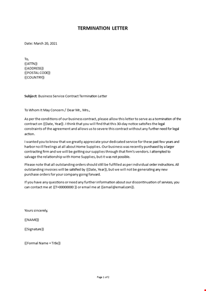 business service contract termination letter template