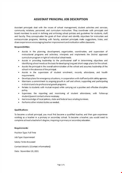 assistant principal job description template