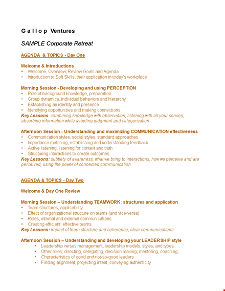 corporate retreat agenda template: a comprehensive session for understanding key lessons template