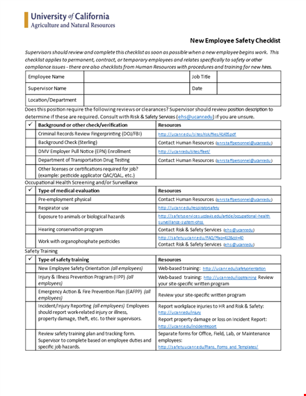 new employee safety checklist template - comprehensive safety training | ucanr template