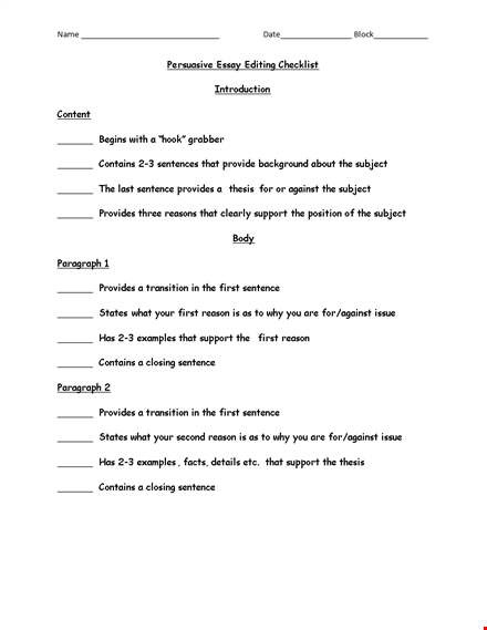 persuasive essay editing checklist template