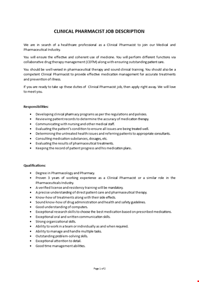 clinical pharmacist job description template