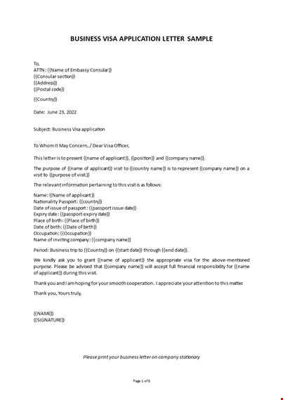 business visa application letter template