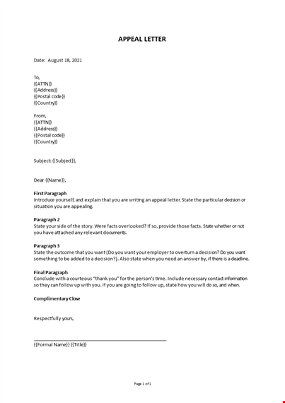 appeal letter template template