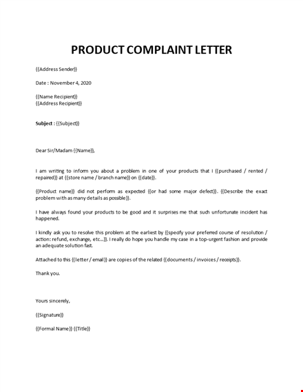 product complaint letter by customer template