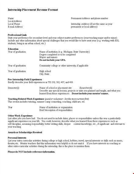 summer internship resume template template