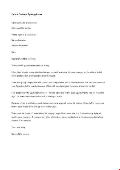 company apology letter template - formally apologize to sender & receiver template