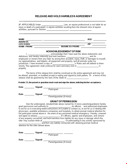 download hold harmless agreement template for participant release and protection, signed and above template