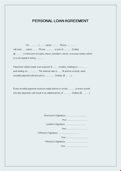 print loan agreement template | sign & borrow dollars template