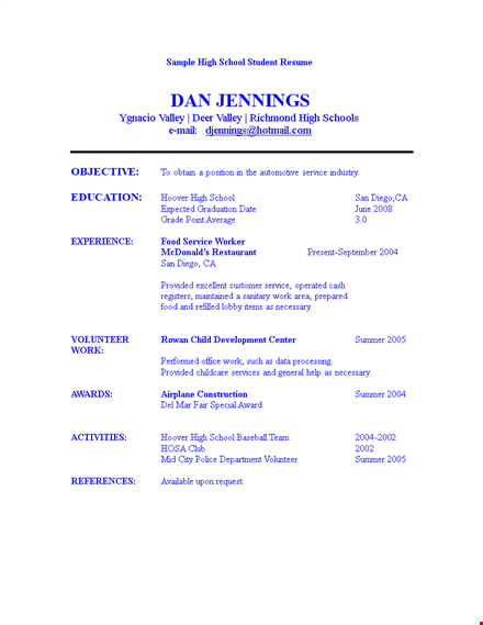 high school student resume: showcase your school, service, and summer experiences template