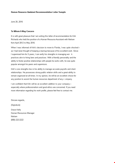 human resource assistant recommendation letter template