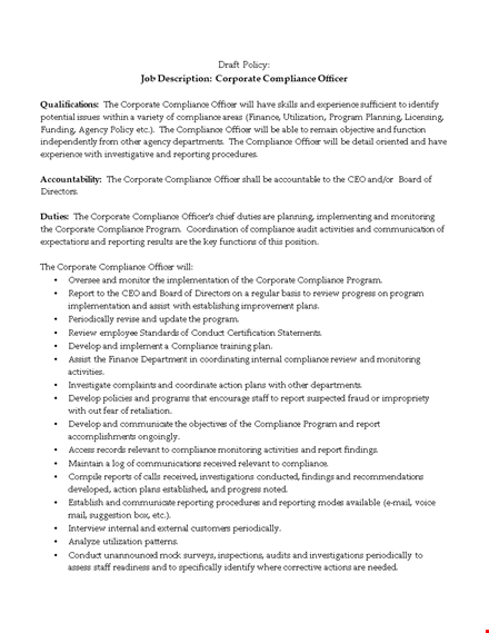 corporate compliance officer job description | expert in compliance programs template