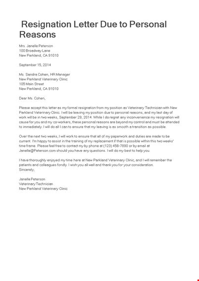 due to personal reason resignation letter template