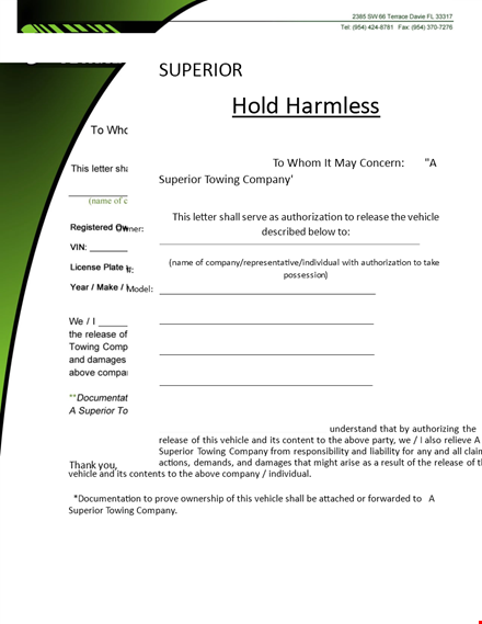 download hold harmless agreement template for company vehicle release | superior towing template