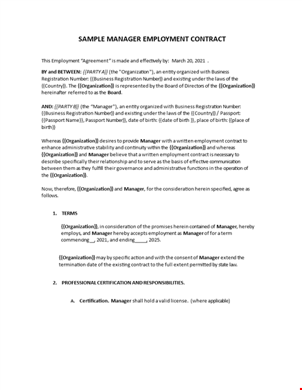 sample manager employment contract template