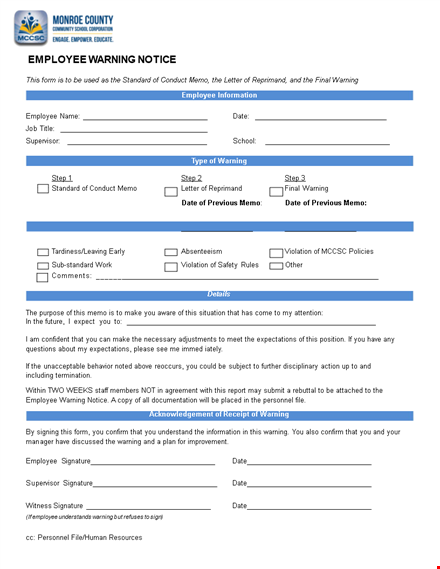 standard employee warning notice - effective employee management template