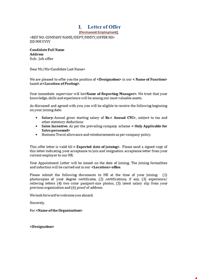 hotel employee appointment letter template