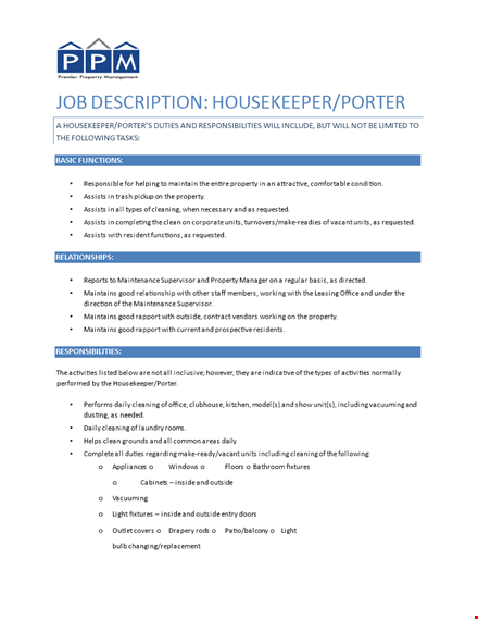 housekeeper porter job description template