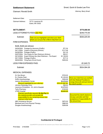 example legal settlement statement for smart claimant and attorney | settlement templates template