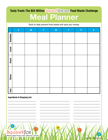 meal planning calendar - reduce waste and save money | squawkfox template