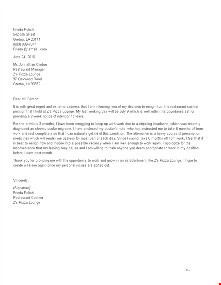 resignation letter for restaurant cashier template