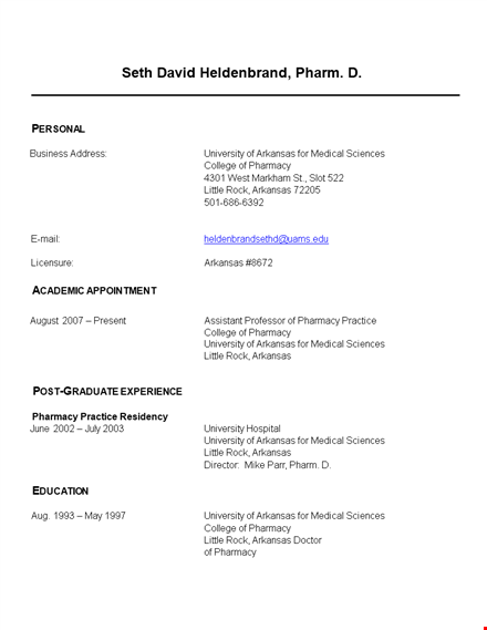 clinical pharmacist cv: university, little, pharmacy, arkansas template