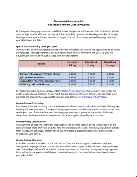 get transparent price discounts on language templates - save on volume and impress your consumer template