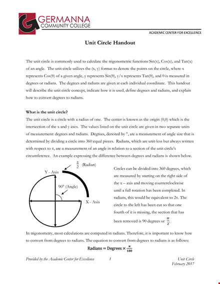 trig unit circle chart template