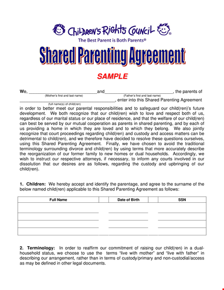 shared parenting agreement template | create a comprehensive plan for co-parenting template