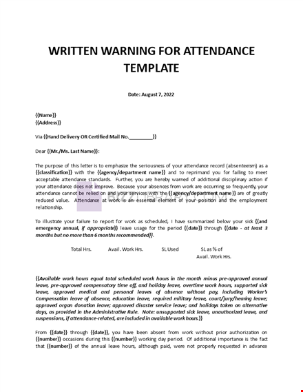poor attendance warning letter template