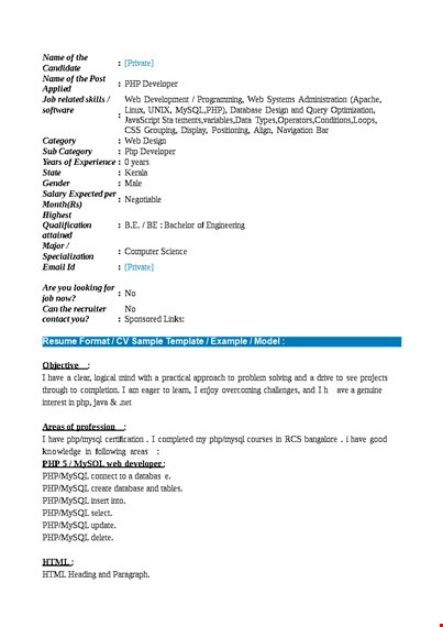 php fresher resume format template