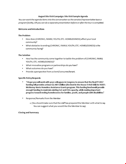 site visit agenda template for family, community, youth, and homelessness template