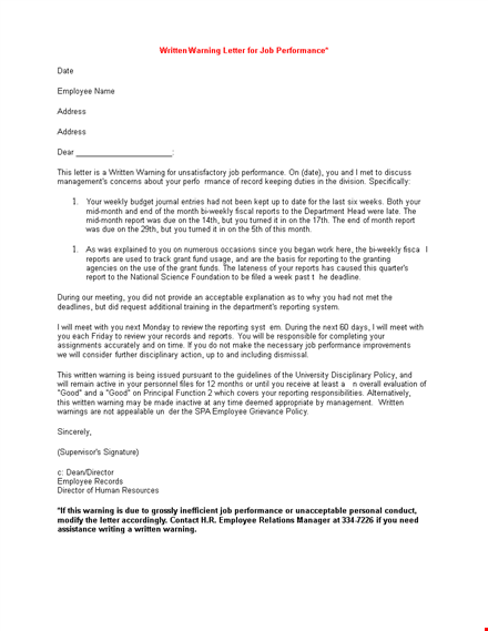 employee performance warning letter template template