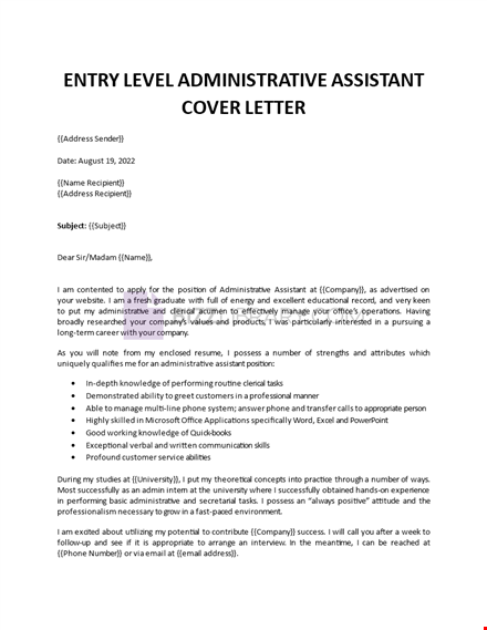 admin assistant fresher cover letter template