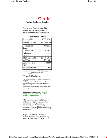 expense receipt for mobile transactions: recharge, airtel - get detailed receipts template