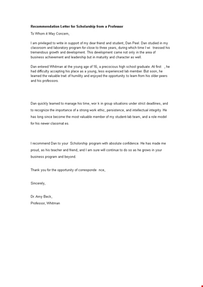 sample recommendation letter for scholarship from a professor template