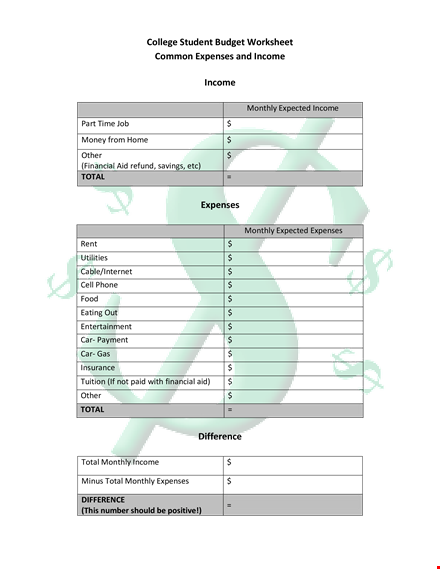 college budget worksheet: track and manage expenses, monthly income, and total expected income template
