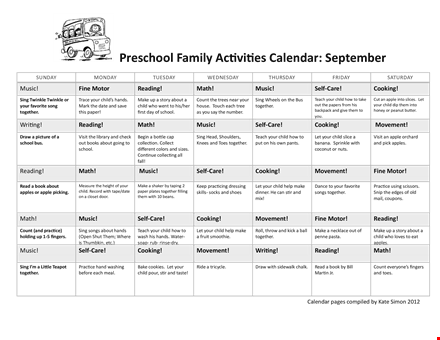 preschool activity calendar template template