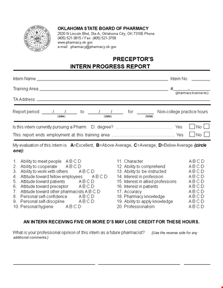 intern progress report | track your ability and progress in pharmacy | preceptor evaluation template