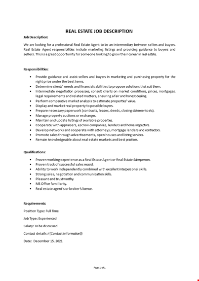 real estate job description template