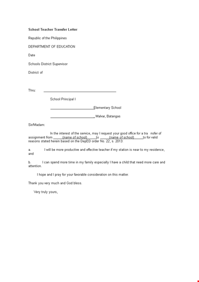 school teacher transfer letter template template