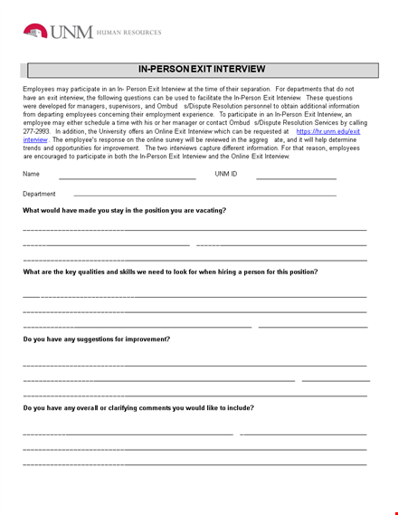 exit interview form - gather valuable feedback from employees in person template