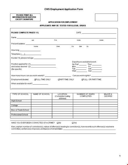 company employee application form template